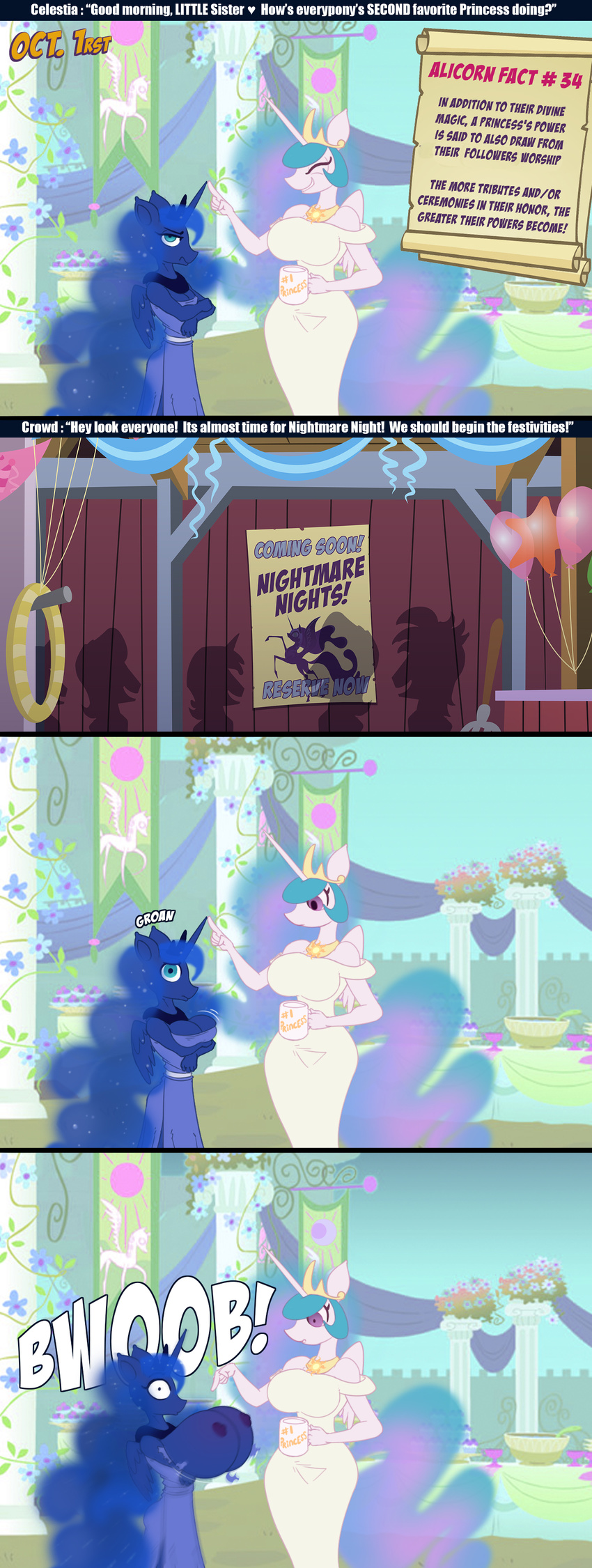 big_breasts breast_expansion breasts clothing comic cup dress duo equine eyes_closed female friendship_is_magic horn invalid_tag mammal my_little_pony nipples pegicorn poster princess_celestia_(mlp) princess_luna_(mlp) rope shadow smile speech_bubble surprise toonpower_(artist)