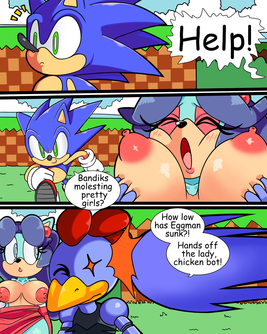 adventures_of_sonic_the_hedgehog areola big_breasts black_nose blue_eyes blue_fur blue_hair breast_grab breasts breezie_the_hedgehog clothed clothing cloudz comic dialogue dreamcastzx1 english_text eyes_closed female fur gloves green_eyes hair hand_on_breast hedgehog machine male mammal nipples outside partially_clothed robot scratch_(character) sonic_(series) sonic_the_hedgehog speech_bubble text white_gloves