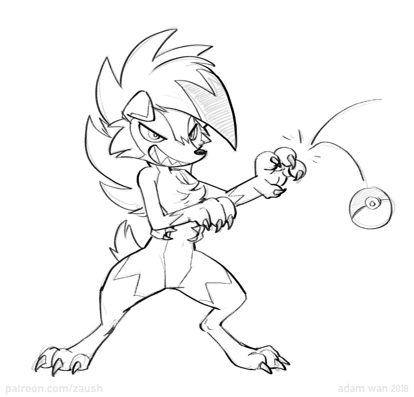 2018 adam_wan black_and_white claws fur hair lycanroc midnight_lycanroc monochrome nintendo nude pok&eacute;ball pok&eacute;mon pok&eacute;mon_(species) simple_background sketch smile standing teeth url video_games white_background