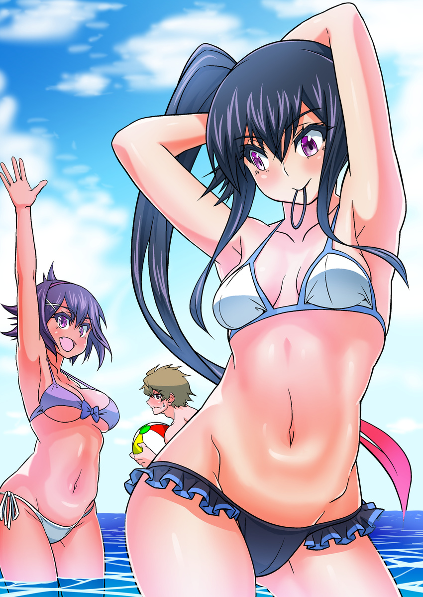 2girls :d absurdres armpits arms_behind_head ball beachball bikini black_bikini_bottom black_hair blush breasts brown_eyes brown_hair cloud contrapposto cowboy_shot day digimon digimon_world_-next_0rder- embarrassed fang frilled_bikini_bottom front-tie_bikini front-tie_top grey_bikini_top hair_between_eyes halter_top halterneck highres hips hirose_kouta large_breasts long_hair medium_breasts mouth_hold multicolored_hair multiple_girls navel ocean oofuchi_himari open_mouth outdoors pink_hair pixelated purple_eyes purple_hair shiki_(digimon_world_-next_0rder-) short_hair side-tie_bikini side_ponytail sky smile standing strap_gap swimsuit tan tokomaya_keita two-tone_hair tying_hair underboob very_long_hair wading water waving wavy_mouth white_bikini_bottom white_bikini_top