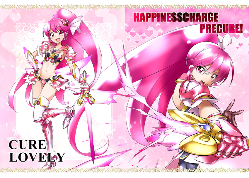 :d adapted_costume aino_megumi armor bikini_armor boots character_name copyright_name cure_lovely dual_persona full_body gloves hair_ornament hair_ribbon hand_on_hip happinesscharge_precure! heart heart_hair_ornament kurose_kousuke long_hair looking_at_viewer magical_girl metal_boots midriff multiple_girls navel open_mouth pink_armor pink_background pink_eyes pink_hair ponytail precure ribbon smile standing standing_on_one_leg sword thigh_boots thighhighs weapon white_ribbon wide_ponytail