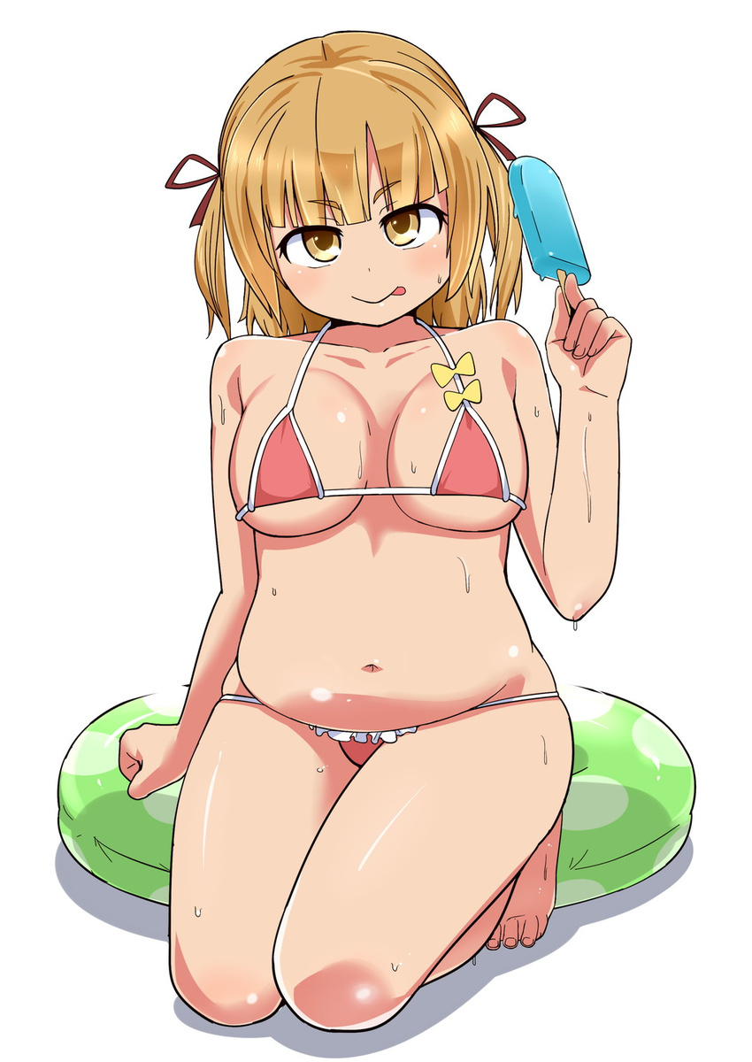 bangs belly bikini breasts brown_eyes brown_hair collarbone food frilled_bikini frills hair_tie highres large_breasts marui_mitsuba mitsudomoe older panimiiru pink_bikini plump popsicle quad_tails smile solo squatting sweat swimsuit thick_thighs thighs tongue