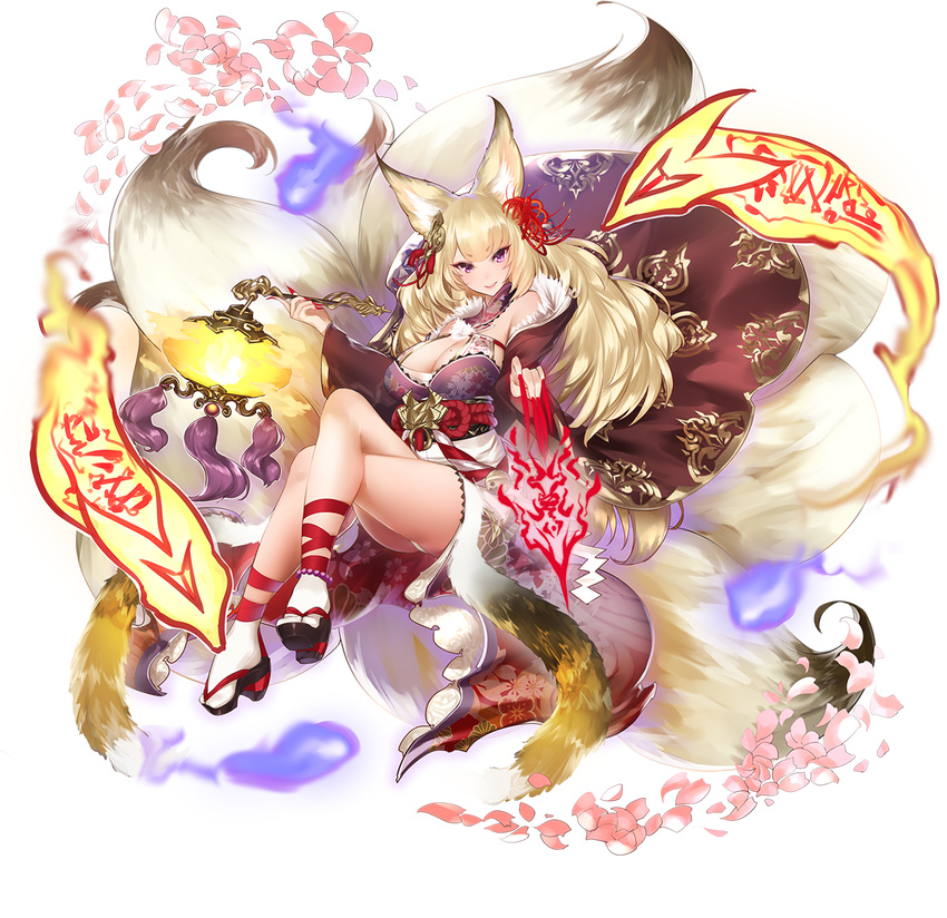 1girl animal_ears bare_shoulders blonde_hair breasts cleavage feet fox_ears fox_girl fox_tail full_body highres japanese_clothes kayou_(sennen_sensou_aigis) kimono kyuubi large_breasts legs legs_crossed long_hair looking_at_viewer magic multiple_tails nail_polish obi petals pink_eyes sandals sennen_sensou_aigis simple_background sitting smile socks solo tail thighs transparent_background white_background white_socks