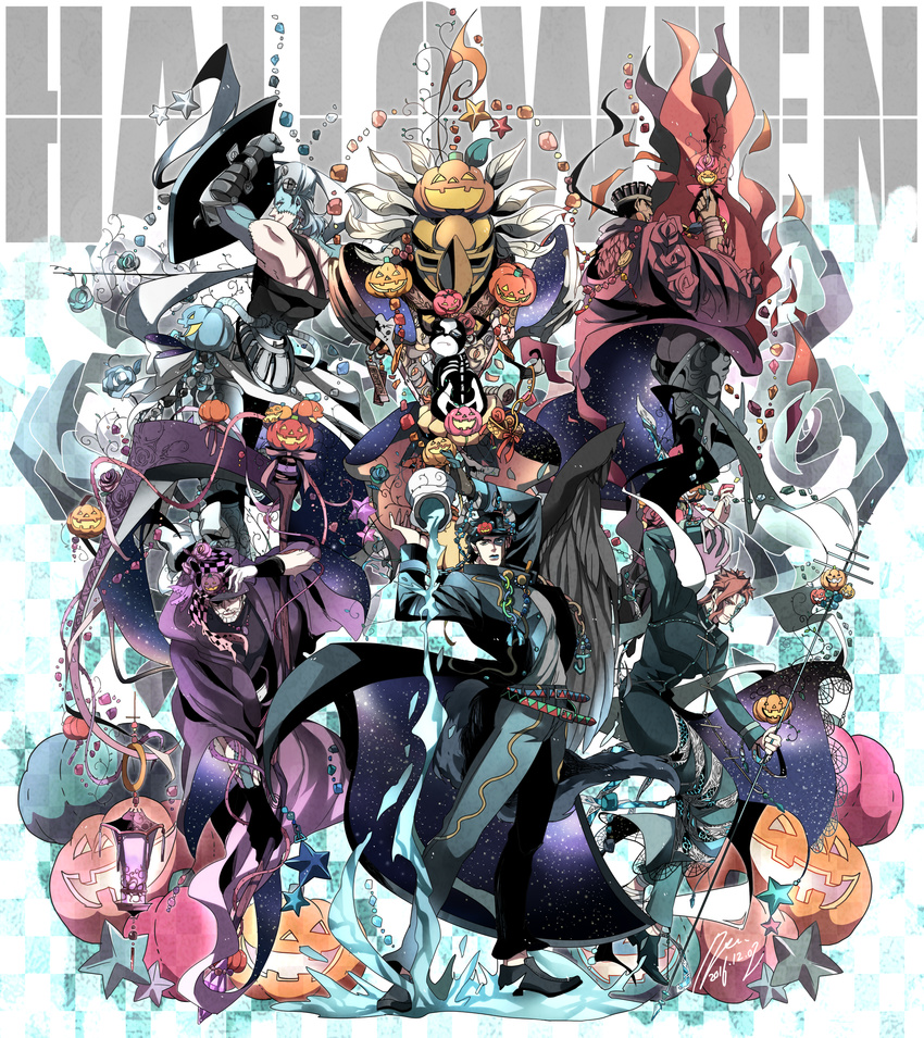 beard belt black_hair brown_hair chain dark_skin dark_skinned_male dated dog earrings facial_hair fang flower fusion gloves grey_hair halloween hat hat_flower headband hermit_purple highres iggy_(jojo) jack-o'-lantern jar jean_pierre_polnareff jewelry jojo_no_kimyou_na_bouken joseph_joestar_(young) kakyouin_noriaki kuujou_joutarou lantern long_coat mohammed_avdol nanase_(7sepdr) pointy_ears ponytail red_hair ribbon signature silver_chariot silver_hair spill staff stand_(jojo) star stitches white_gloves wristband