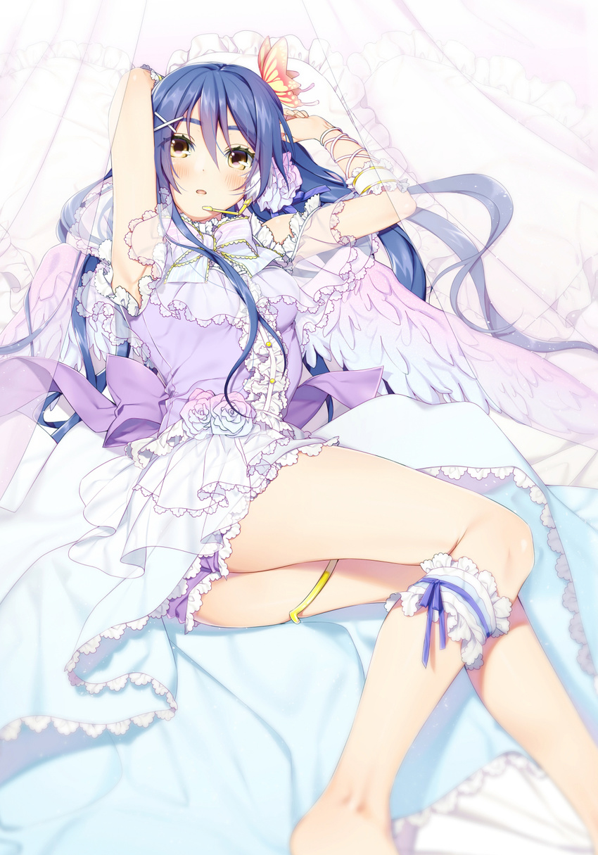 angel_wings armpits arms_up ass bangs bare_legs barefoot blue_hair blush bow bowtie bracelet brown_eyes butterfly_hair_ornament center_frills commentary_request curtains dress eyebrows flower frilled_pillow frills hair_between_eyes hair_flower hair_ornament hairclip headset highres jewelry lace lace-trimmed_dress lace_trim leg_garter long_hair looking_at_viewer love_live! love_live!_school_idol_festival love_live!_school_idol_project lying on_back one_side_up open_mouth pillow ribbon rose sash solo sonoda_umi thighlet white_flower white_rose wings wrist_ribbon x_hair_ornament yana_mori