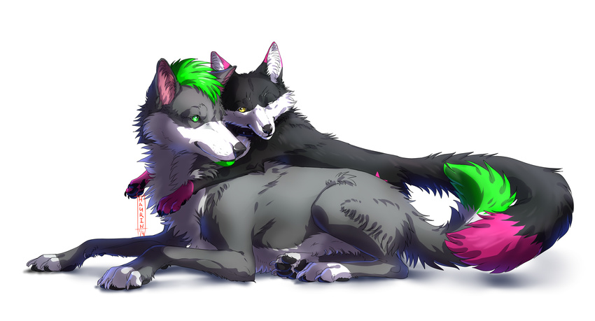 2014 4_toes black_fur canine duo feral fur green_eyes green_hair grey_fur grey_nose hair hauringu lying mammal nude pawpads paws simple_background smile toes white_background wolf yellow_eyes