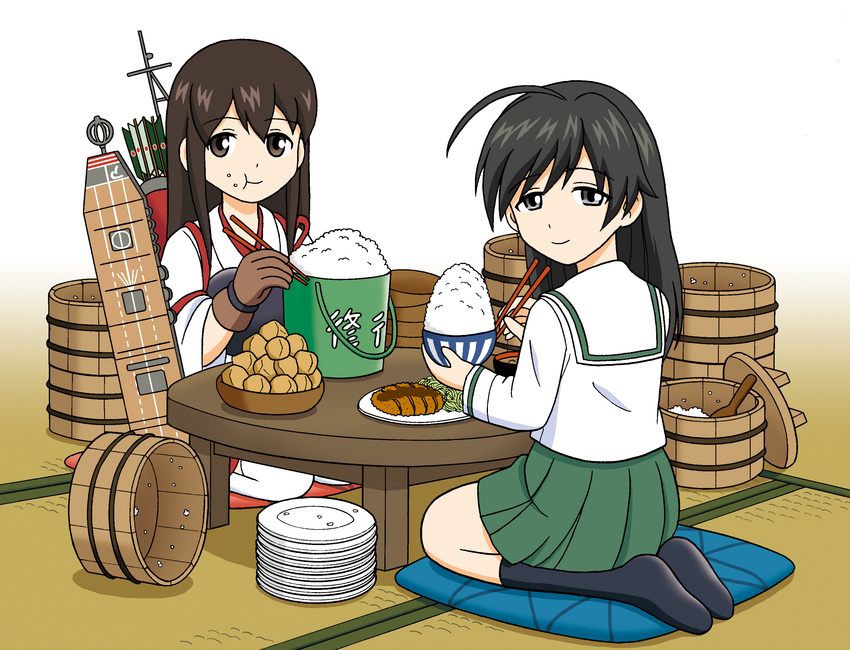 ahoge akagi_(kantai_collection) arrow black_eyes black_hair black_legwear bowl brown_eyes brown_hair bucket chopsticks commentary crossover cushion eating food girls_und_panzer green_skirt highres holding hoshino_banchou isuzu_hana japanese_clothes kantai_collection long_hair looking_at_viewer multiple_girls muneate ohitsu ooarai_school_uniform pleated_skirt repair_bucket rice rice_bowl rice_spoon school_uniform seiza serafuku sitting skirt socks tasuki tatami thighhighs trait_connection translated white_legwear wooden_bucket zabuton zettai_ryouiki