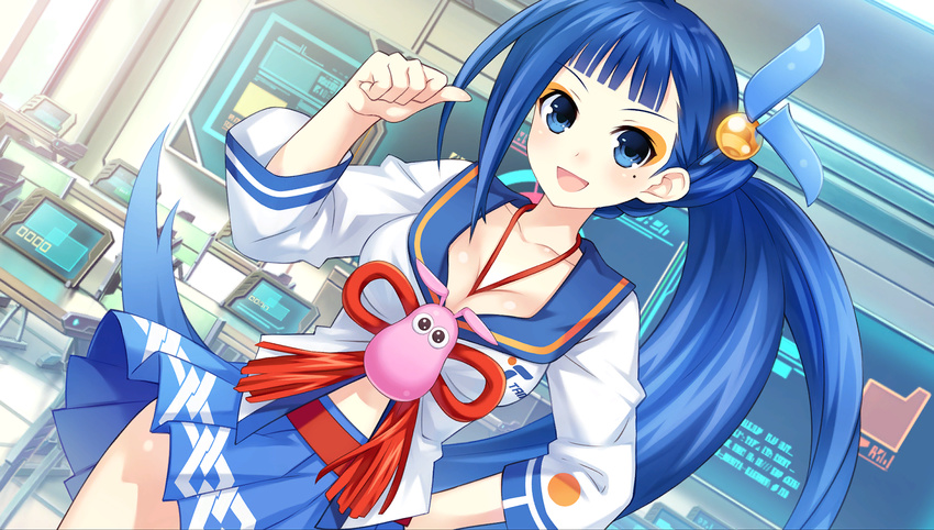 bangs between_breasts blue_eyes blue_hair blunt_bangs bow breasts cleavage eyeshadow game_cg hair_ornament hand_on_hip highres large_breasts looking_at_viewer makeup mole mole_under_eye monitor neptune_(series) official_art open_mouth pleated_skirt ponytail sailor_collar sailor_shirt school_uniform shirt skirt smile solo tamsoft_(choujigen_game_neptune) tsunako wind wind_lift