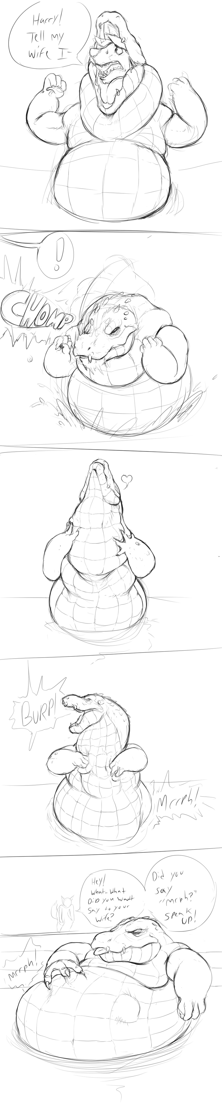 ! &lt;3 abdominal_bulge alligator ambiguous_gender azathura belly big_belly bulge burping canine crocodilian english_text mammal oral_vore reptile scalie size_difference swallowing text vore