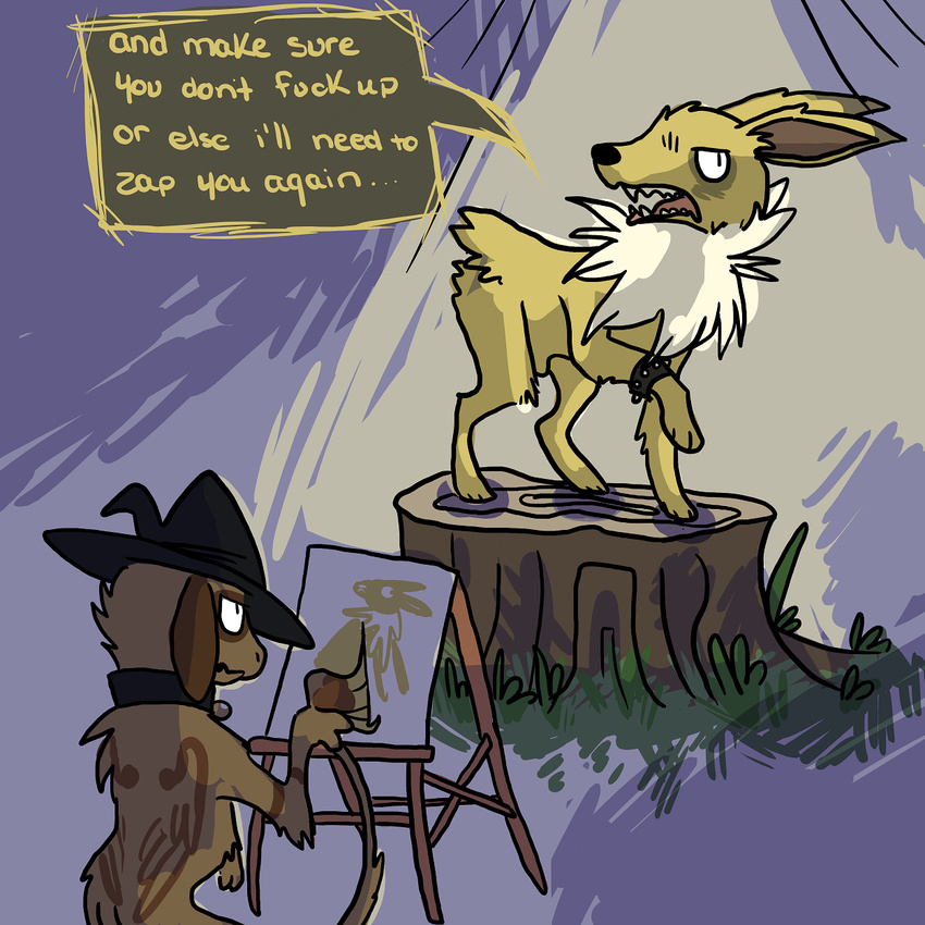 annoyed brown_fur canvas collar dialogue duo easel eeveelution english_text feral fur hat haughty hi_res jolteon male mammal neck_tuft nintendo paint paintdog paintdog_(artist) painting pok&eacute;mon pose smeargle stump text tuft video_games yellow_fur