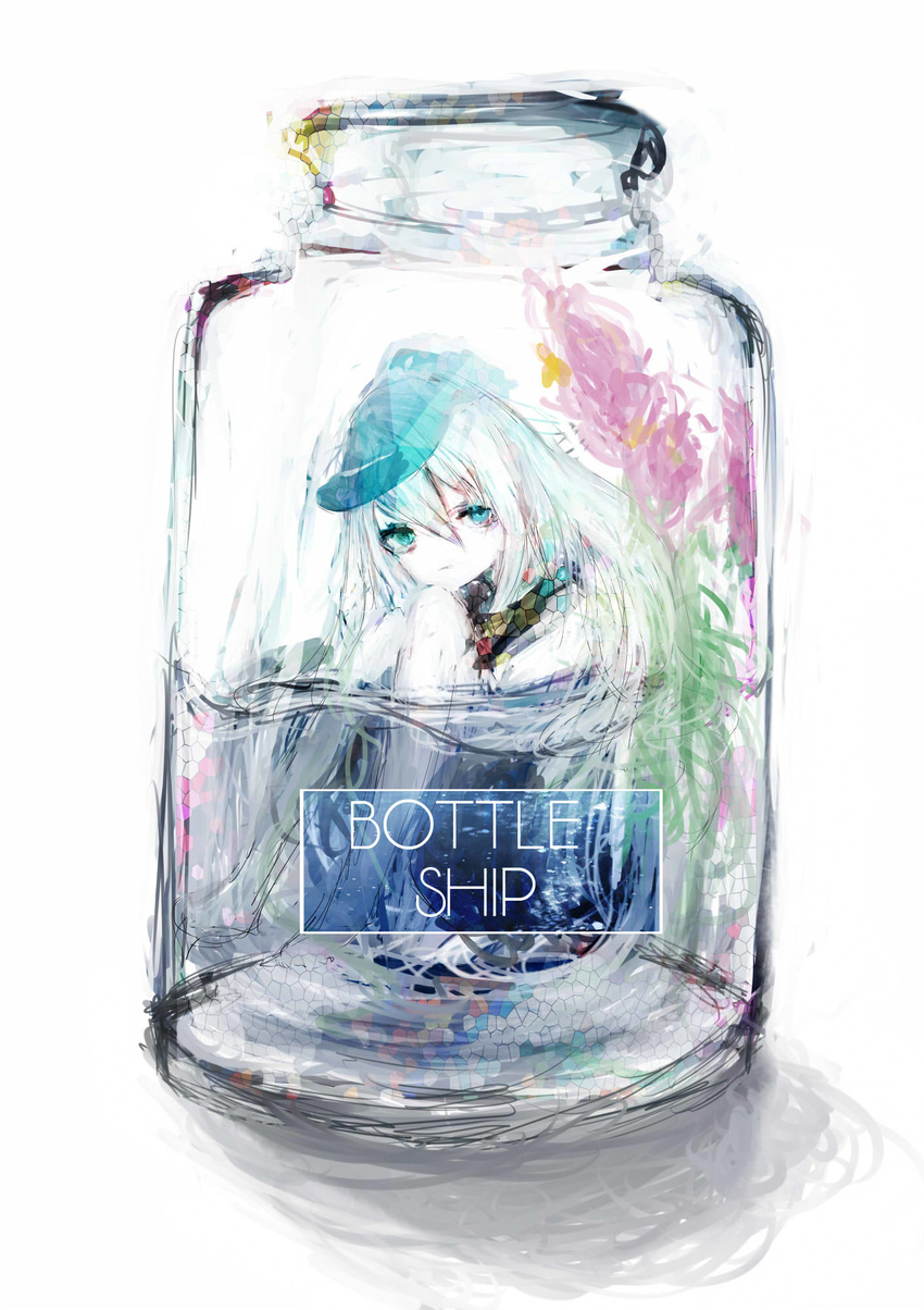 assi blue_eyes bottle caption commentary english hat hibiki_(kantai_collection) highres in_bottle in_container kantai_collection knees_to_chest long_hair looking_at_viewer partially_submerged pun simple_background sitting sketch solo too_literal white_background white_hair