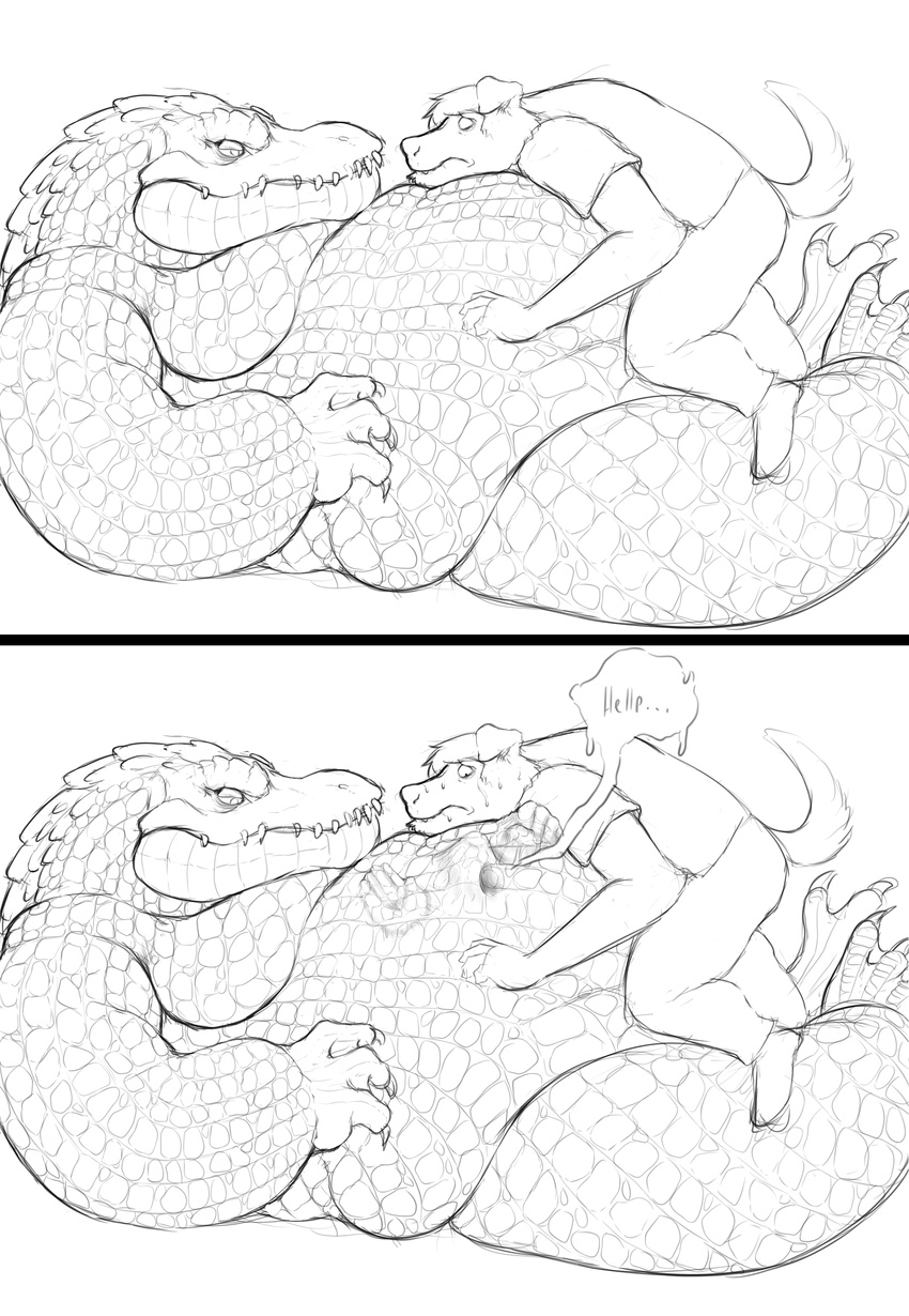 alligator ambiguous_gender anthro azathura belly big_belly claws comic crocodilian dialogue fear hair male mammal monochrome reptile scales scalie teeth vore
