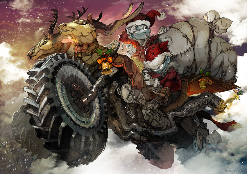 bell bow bowtie commentary_request deer demizu_posuka fang full_body grin ground_vehicle hat merry_christmas motor_vehicle motorcycle multiple_boys original riding sack santa_costume santa_hat smile