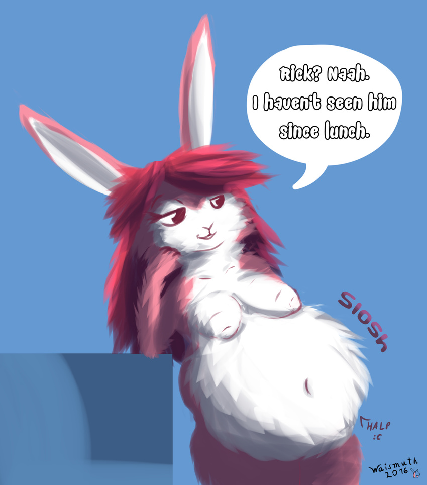 2016 anthro belly big_belly dialogue digital_media_(artwork) english_text female fur hair lagomorph mammal navel nipples pink_fur pink_hair rabbit simple_background smile solo text vore waismuth white_fur