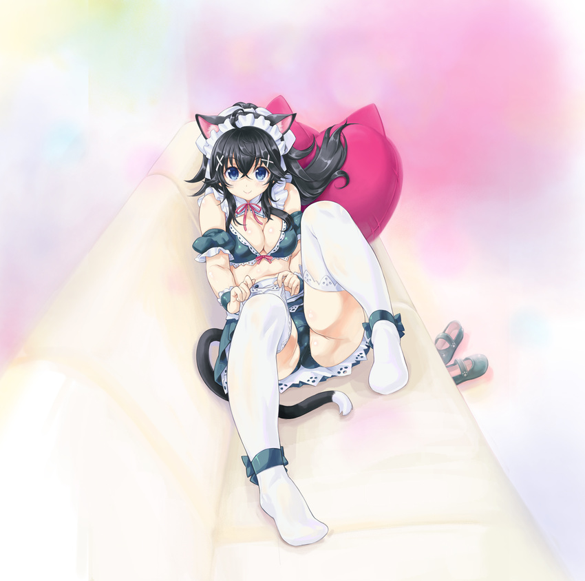 adjusting_clothes adjusting_legwear ahoge animal_ears ankle_ribbon ass bangs bare_shoulders black_footwear black_hair blue_eyes blush breasts cat_ears cat_tail closed_mouth couch detached_collar detached_sleeves frills full_body hair_ornament heart heart_pillow highres kiyama_satoshi knees_up lace lace-trimmed_thighhighs large_breasts leaning_back leg_up long_hair looking_at_viewer maid_bikini maid_headdress midriff miniskirt multicolored multicolored_background neck_ribbon netoge_no_yome_wa_onna_no_ko_janai_to_omotta? no_shoes on_couch panties pillow red_ribbon revision ribbon shoes shoes_removed sitting skirt smile solo tail tamaki_ako thighhighs underwear upskirt white_legwear x_hair_ornament