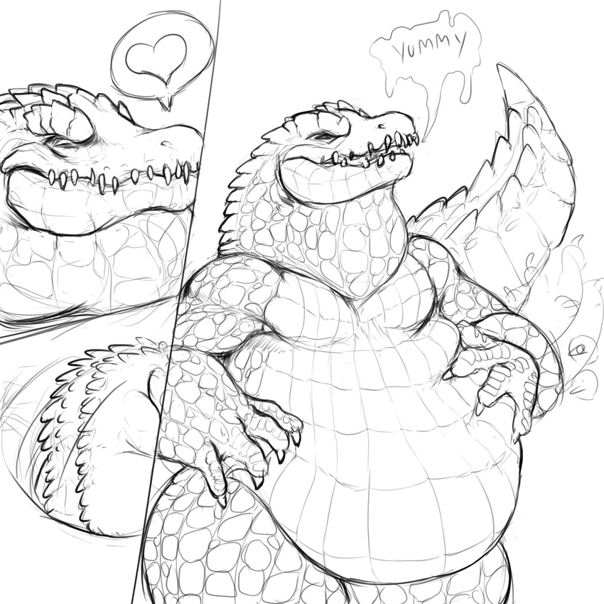 &lt;3 alligator ambiguous_gender anthro azathura belly big_belly claws comic crocodilian dialogue monochrome reptile scales scalie teeth vore