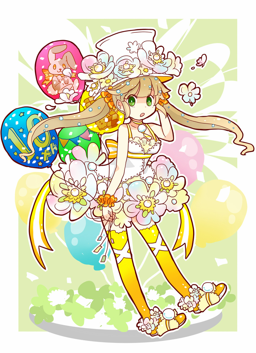 7:24 :o anniversary balloon bow brown_hair bunny choker flower full_body green_background green_eyes hat highres holding holding_balloon long_hair looking_at_viewer original pocketland solo striped striped_bow thighhighs top_hat twintails white_hat wrist_cuffs yellow_bow yellow_choker yellow_legwear