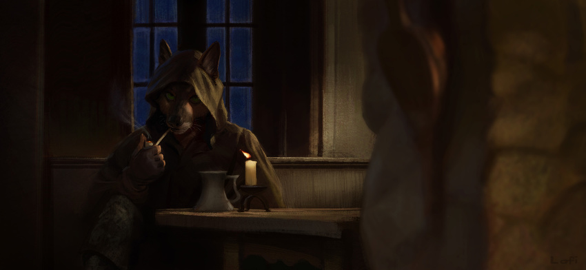 2016 anthro anthrofied aragorn_son_of_arathorn black_nose candle canine cloak clothed clothing cup detailed_background digital_media_(artwork) furgonomics gloves green_eyes hood inner_ear_fluff inside leather_gloves lofi lord_of_the_rings male mammal pipe sitting smoking solo table whiskers window wolf