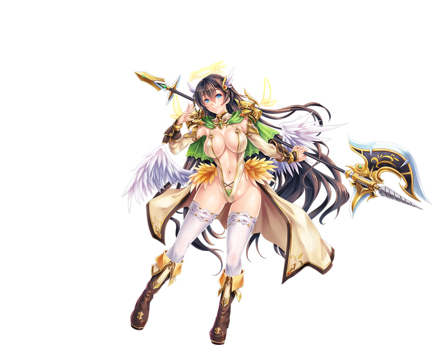 arm_guards armor awakening_(sennen_sensou_aigis) bangs bikini_armor blue_eyes boots breasts brown_hair capelet cleavage elbow_gloves full_body gloves hair_ornament halberd halo highres holding holding_weapon huge_breasts knee_boots leotard long_hair looking_at_viewer makirin navel official_art overskirt polearm sennen_sensou_aigis smile solo sophie_(sennen_sensou_aigis) transparent_background weapon white_legwear wings