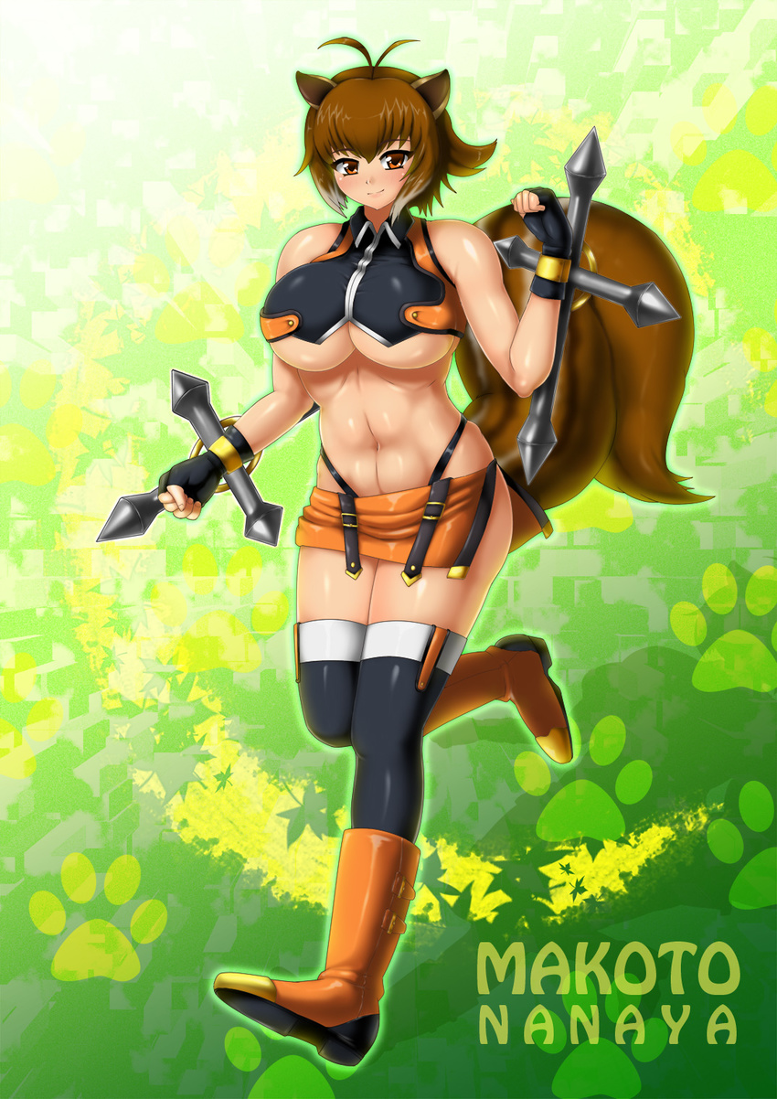 abs animal_ears antenna_hair black_legwear black_panties blazblue blush breasts brown_hair character_name clenched_hands crop_top dual_wielding fingerless_gloves full_body gloves highleg highleg_panties highres holding keiryu large_breasts makoto_nanaya midriff miniskirt multicolored_hair navel orange_eyes orange_skirt panties pelvic_curtain plump revealing_clothes shirt skirt smile solo squirrel_ears squirrel_tail tail taut_clothes taut_shirt thighhighs tonfa two-tone_hair underboob underwear weapon