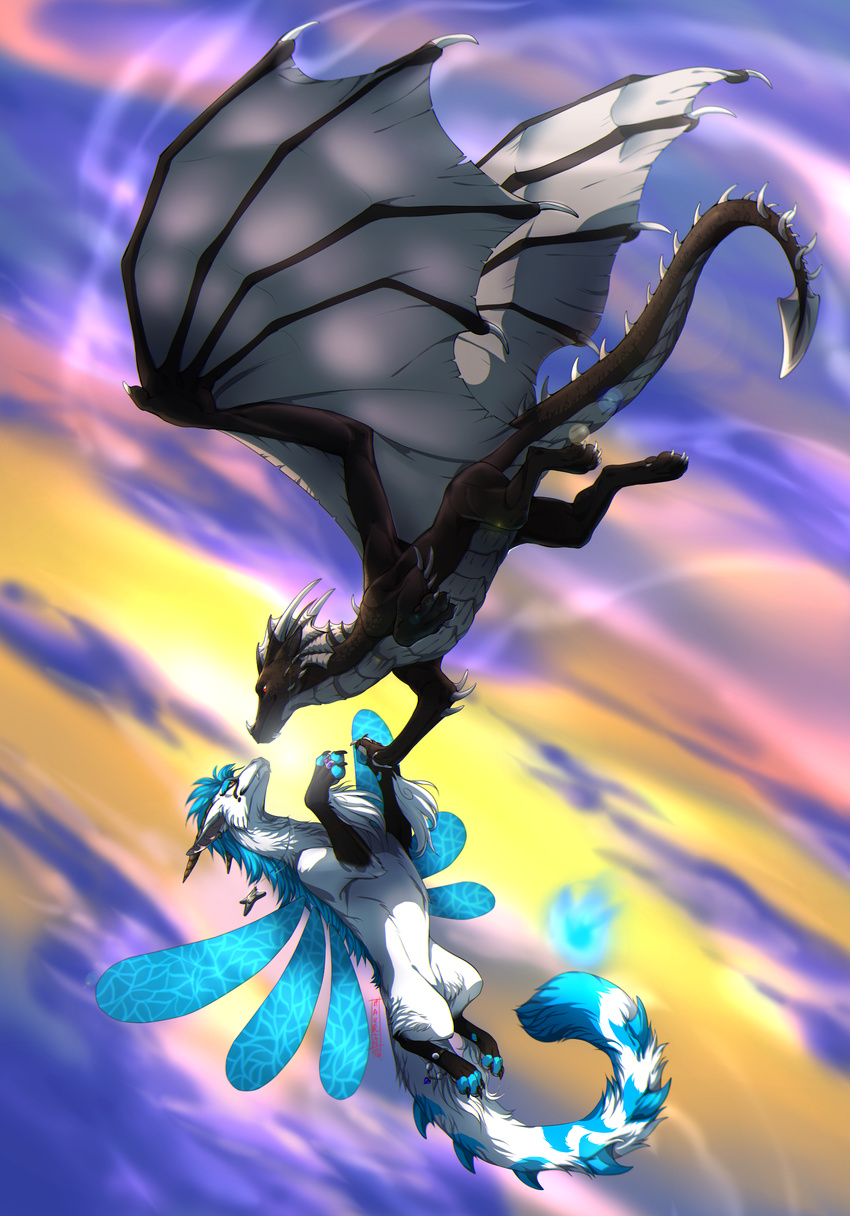 black_skin blue_hair claws day dragon duo feral fur furred_dragon hair hauringu horn insect_wings membranous_wings outside sky spines spread_wings white_fur wings