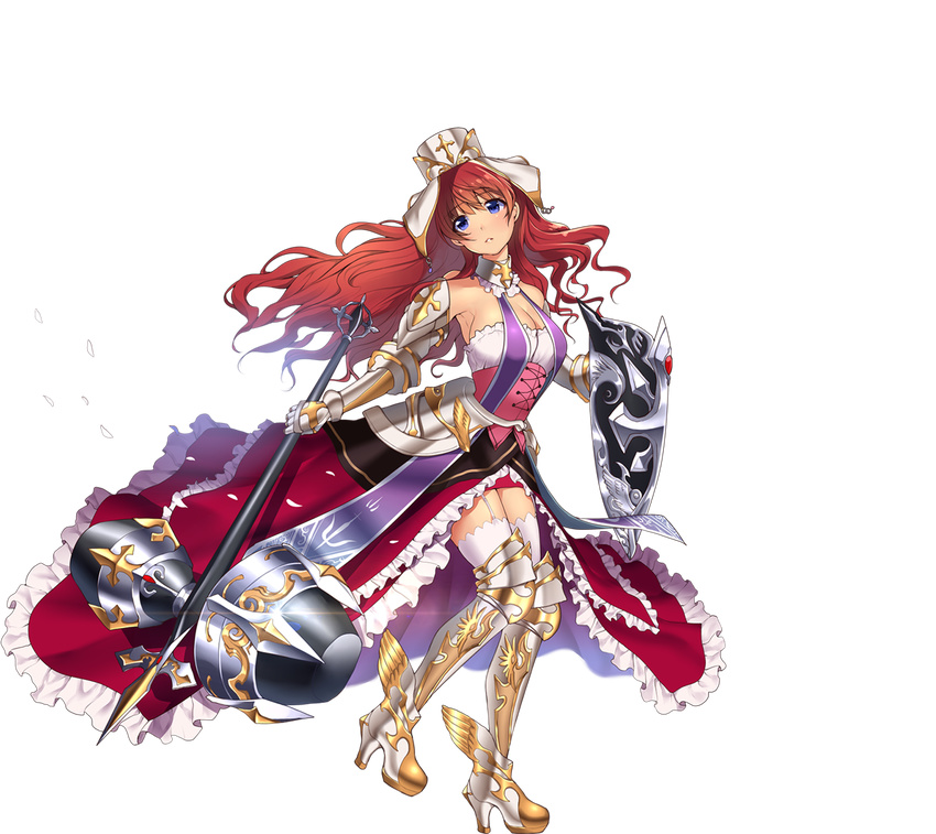 1girl armor blue_eyes breasts cleavage detached_collar floating_hair full_body garter_straps hat highres holding large_breasts legs long_hair looking_at_viewer parted_lips red_hair sennen_sensou_aigis sera_(sennen_sensou_aigis) shield simple_background solo standing thighhighs thighs transparent_background weapon white_background