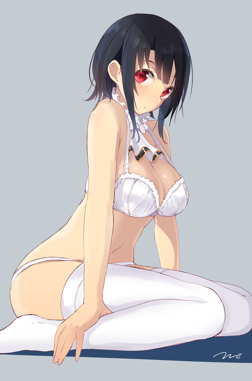 alternate_costume black_hair blush bra breasts choker cleavage commentary_request eyebrows frilled_bra frilled_choker frills grey_background highres kantai_collection large_breasts looking_at_viewer no_hat no_headwear panties red_eyes shiny shiny_skin short_hair simple_background sitting solo takao_(kantai_collection) tebi_(tbd11) thighhighs underwear wariza white_bra white_legwear white_panties