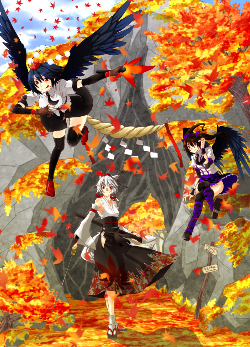 &gt;:) :p absurdres animal_ears autumn_leaves bangs bare_shoulders bird_wings black_footwear black_hair black_legwear black_neckwear black_skirt black_wings blush bow brown_gloves brown_hair checkered checkered_skirt commentary_request day detached_sleeves feathered_wings flying full_body geta gloves hair_between_eyes hair_bow hair_tucking hakama hat hauchiwa highres himekaidou_hatate hip_vent holding holding_sword holding_weapon inubashiri_momiji japanese_clothes katana leaf leaf_print long_sleeves looking_at_viewer maple_leaf miniskirt multiple_girls necktie obi outdoors pom_pom_(clothes) puffy_short_sleeves puffy_sleeves purple_bow red_eyes red_footwear sash scabbard shameimaru_aya sheath shirt shoes short_hair short_sleeves skirt smile standing sword tabi tail tengu-geta thighhighs tokin_hat tongue tongue_out touhou twintails tyomo v-shaped_eyebrows weapon white_legwear white_shirt wide_sleeves wings wolf_ears wolf_girl wolf_tail