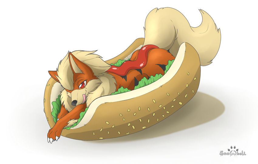 ambiguous_gender arcanine canine dog feral food fur hair hair_bun hot_dog ketchup licking licking_lips mammal nintendo pok&eacute;mon s2-freak seductive tongue tongue_out video_games