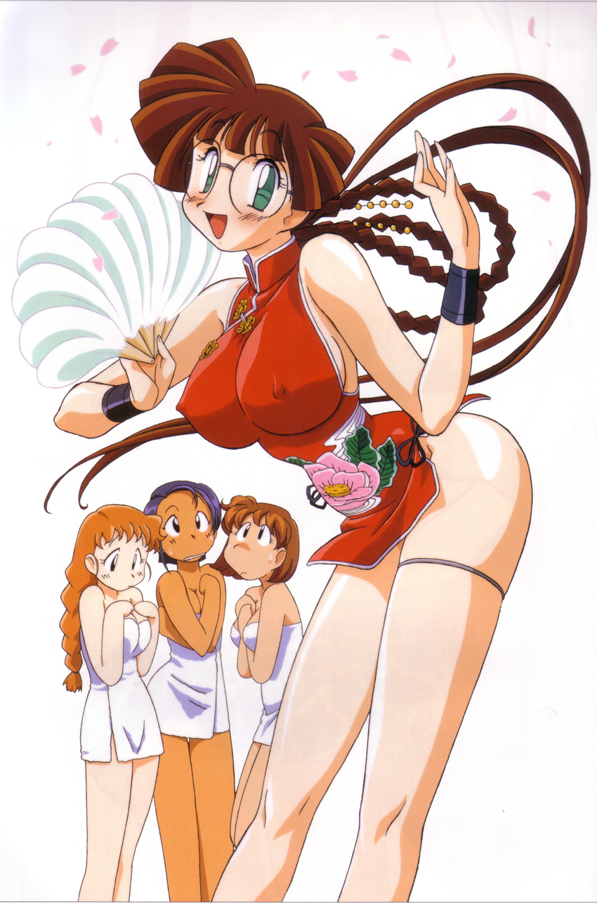 4girls 90s absurdres bangs blush breasts brown_hair character_request china_dress chinese_clothes clenched_teeth folding_fan glasses impossible_clothes kimura_takahiro large_breasts leaning_forward long_hair looking_at_viewer mega_blade multiple_girls naked_towel no_bra orange_hair petals purple_hair round_glasses scan scan_artifacts short_hair simple_background single_braid smile sweatdrop thigh_strap very_long_hair white_background