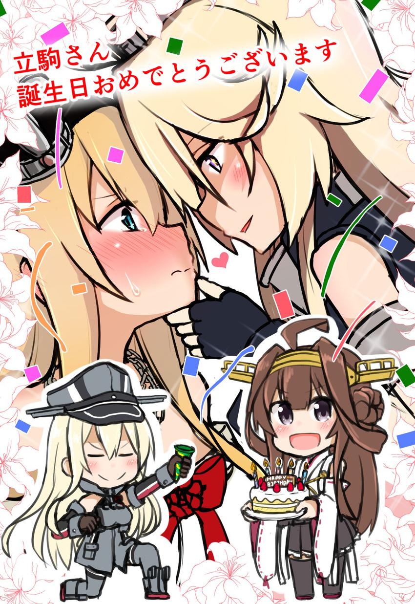 ahoge atsushi_(aaa-bbb) bangs bare_shoulders birthday_cake bismarck_(kantai_collection) blonde_hair blue_eyes blush brown_gloves brown_hair cake candle chin_grab commentary crown detached_sleeves double_bun dress fingerless_gloves flower food gloves grey_legwear hair_between_eyes hairband hat headgear highres iowa_(kantai_collection) japanese_clothes jewelry kantai_collection kongou_(kantai_collection) lily_(flower) long_hair long_sleeves military military_hat military_uniform mini_crown multiple_girls necklace nontraditional_miko party_popper peaked_cap red_flower red_ribbon red_rose remodel_(kantai_collection) ribbon ribbon-trimmed_sleeves ribbon_trim rose skirt smile star star-shaped_pupils sweatdrop swept_bangs symbol-shaped_pupils thighhighs translated uniform warspite_(kantai_collection) white_dress yuri