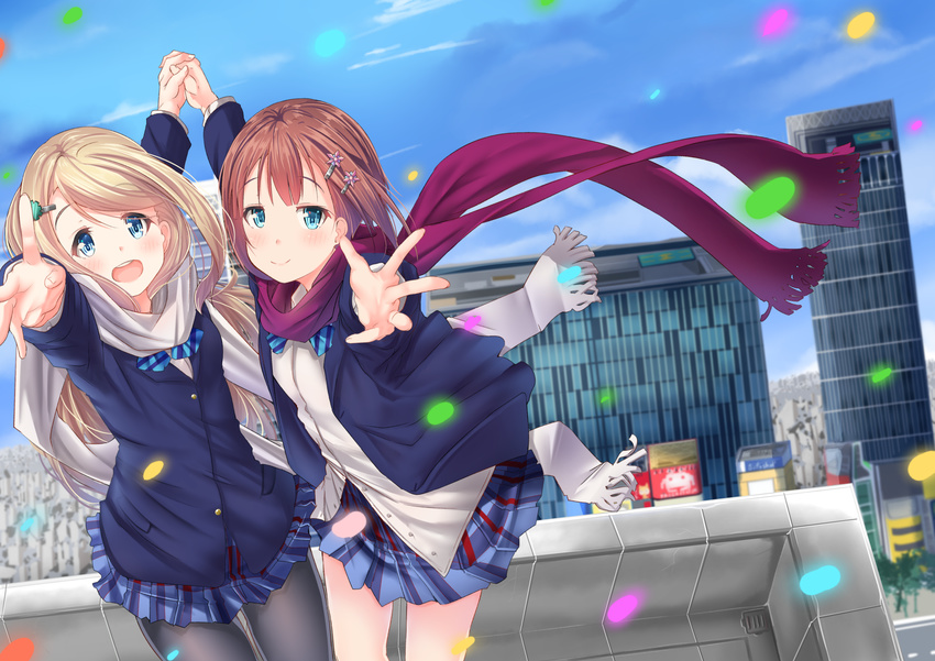:o ayase_arisa bangs black_legwear blazer blonde_hair blue_bow blue_eyes blue_neckwear bow bowtie brown_hair building commentary_request confetti cover cover_page doujin_cover flower hair_flower hair_ornament hairpin highres holding_hands jacket kousaka_yukiho long_hair long_sleeves looking_at_viewer love_live! love_live!_school_idol_project mad_(hazukiken) miniskirt multiple_girls otonokizaka_school_uniform outstretched_hand pantyhose plaid plaid_skirt red_scarf scarf school_uniform short_hair skirt skyscraper smile striped striped_bow striped_neckwear white_scarf