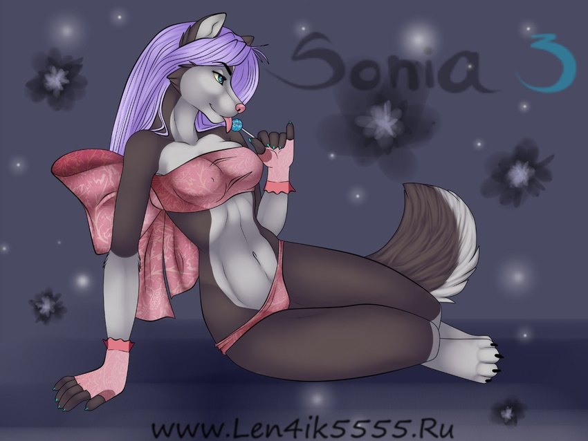 almos-tiroshi anthro candy canine clothing female food len4ik555 lingerie lollipop lying mammal on_side ribbons smile solo tongue tongue_out wide_hips