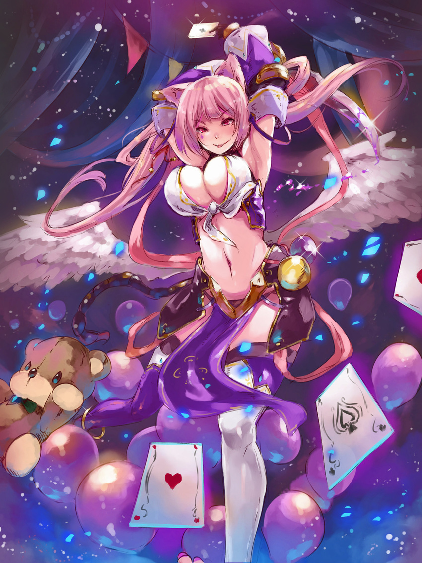 balloon belly blush breasts card demon_girl denizen_tomo highres large_breasts long_hair original pink_eyes pink_hair solo stuffed_animal stuffed_toy sword teddy_bear thighhighs twintails very_long_hair weapon wings