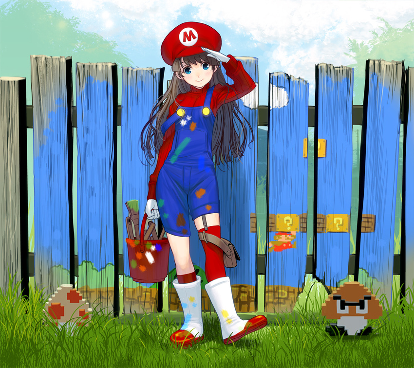art_brush asymmetrical_legwear back bangs black_hair blue_eyes boots bucket cabbie_hat day fence full_body genderswap genderswap_(mtf) gloves goomba grass hat highres holding holding_bucket kneehighs long_hair long_sleeves looking_at_viewer mario mario_(series) masao mural mushroom outdoors overalls paintbrush pouch power-up red_hat red_legwear red_sweater ribbed_sweater rubber_boots salute single_thighhigh sleeves_past_wrists smile solo standing strap_slip super_mario_bros. sweater thighhighs white_gloves wooden_fence