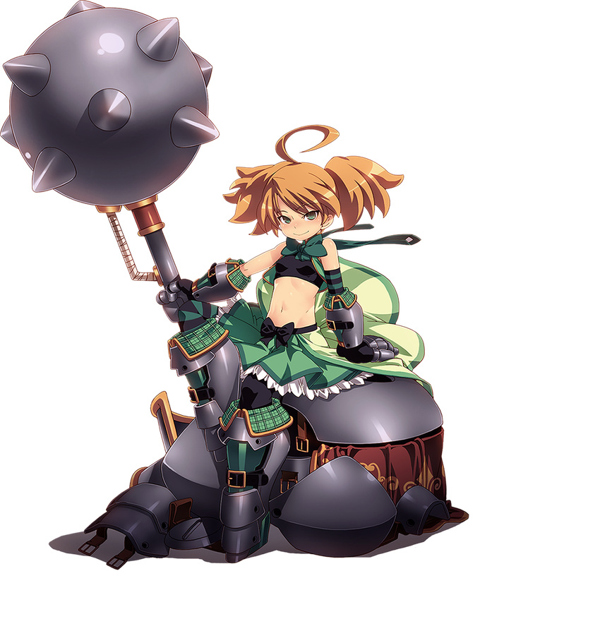 ahoge armor armored_boots boots bow brown_hair dina_(sennen_sensou_aigis) full_body greaves green_eyes holding holding_weapon huge_weapon long_hair looking_at_viewer mace midriff navel official_art plaid sennen_sensou_aigis sitting smile solo tasaka_shinnosuke transparent_background twintails weapon