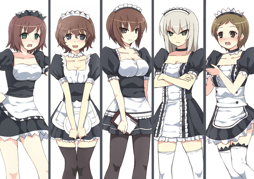 akaboshi_koume alternate_costume angry apron bangs black_dress black_legwear blue_eyes blush breasts brown_eyes brown_hair choker cleavage clipboard closed_mouth collarbone cowboy_shot crossed_arms dress enmaided frilled_dress frills girls_und_panzer happy holding itsumi_erika lace lace-trimmed_dress lace-trimmed_thighhighs looking_at_viewer maid maid_apron maid_headdress mauko_(girls_und_panzer) medium_breasts multiple_girls nishizumi_maho open_mouth pantyhose puffy_short_sleeves puffy_sleeves ritaiko_(girls_und_panzer) short_dress short_sleeves silver_hair smile srwsrx_(gp03dsrx) standing thighhighs tray underbust white_legwear zettai_ryouiki