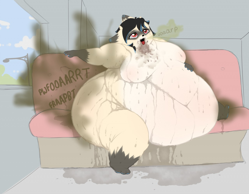 2016 anthro belly big_butt brantonisme burping butt fart fart_fetish fur hair male mammal moobs morbidly_obese multicolored_fur multicolored_hair obese overweight sweat tanuki thick_thighs