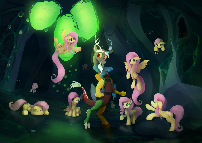 2016 antlers black_hair brown_fur cave claws cutie_mark discord_(mlp) draconequus equine feathered_wings feathers female feral fluttershy_(mlp) friendship_is_magic fur glowing grey_fur group hair horn inside male mammal my_little_pony pegasus pink_hair red_eyes rock scootiebloom slime wings yellow_feathers yellow_fur