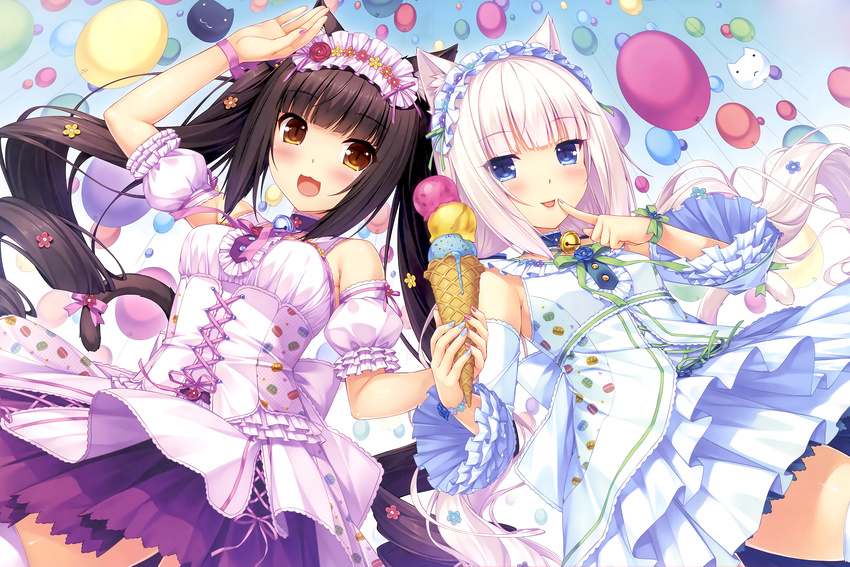 2girls animal_ears bell black_hair blue_eyes brown_eyes catgirl chocola_(sayori) choker dress headdress ice_cream long_hair nekopara sayori scan tail thighhighs vanilla_(sayori) white_hair wristwear