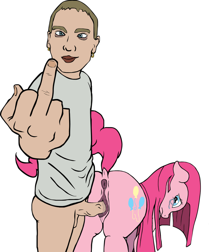 2014 alpha_channel anus balls bestiality blue_eyes butt coinpo crying cutie_mark duo earth_pony eminem equine female feral forced friendship_is_magic fur hair horse human human_on_feral humanoid_penis interspecies looking_at_viewer looking_back male male/female mammal middle_finger my_little_pony penis pink_fur pink_hair pinkamena_(mlp) pinkie_pie_(mlp) pony pussy simple_background tears transparent_background
