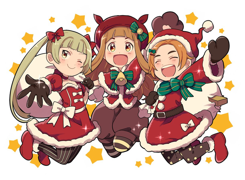 :d ai_nige bangs bell belt belt_buckle black_gloves black_mittens blonde_hair blunt_bangs bow bowtie brown_hair brown_shorts buckle capelet choker christmas closed_eyes dress eyebrows gloves green_bow green_neckwear hair_bow hair_ornament hairclip hat hat_bow holding ichihara_nina idolmaster idolmaster_cinderella_girls long_hair mittens multiple_girls one_eye_closed open_mouth orange_eyes orange_hair outstretched_arm outstretched_hand pantyhose red_bow red_dress red_footwear red_neckwear ryuuzaki_kaoru sack santa_hat shoes short_hair shorts simple_background smile sparkle star star_print starry_background striped striped_legwear teeth thick_eyebrows torn_sack twintails v-shaped_eyebrows white_bow white_neckwear yellow_eyes yokoyama_chika