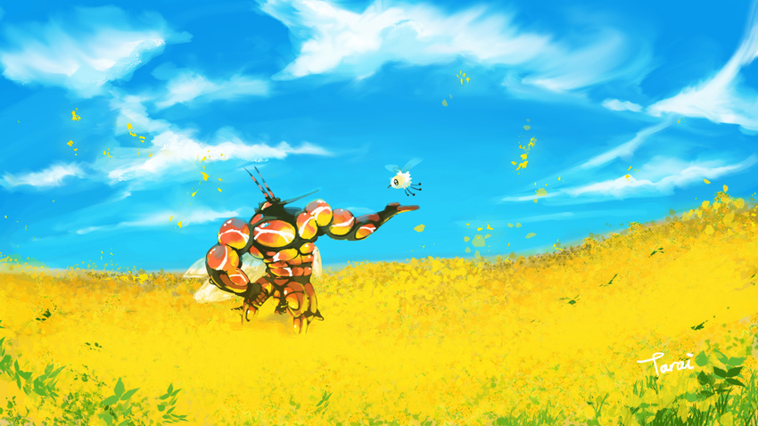 blue_sky buzzwole cloud cutiefly day eye_contact field flower flower_field flying gen_7_pokemon hand_on_hip horizon insect_wings legendary_pokemon looking_at_another muscle no_humans outdoors outstretched_arm peaceful petals pokemon pokemon_(creature) rapeseed_blossoms signature size_difference sky standing tarai_(silica5) ultra_beast wings