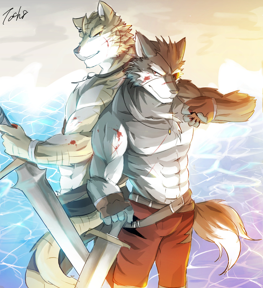 abs anthro biceps blood canine chest_tuft clothed clothing feline fur male mammal melee_weapon muscular pecs sword tach8 tiger topless tuft weapon wolf