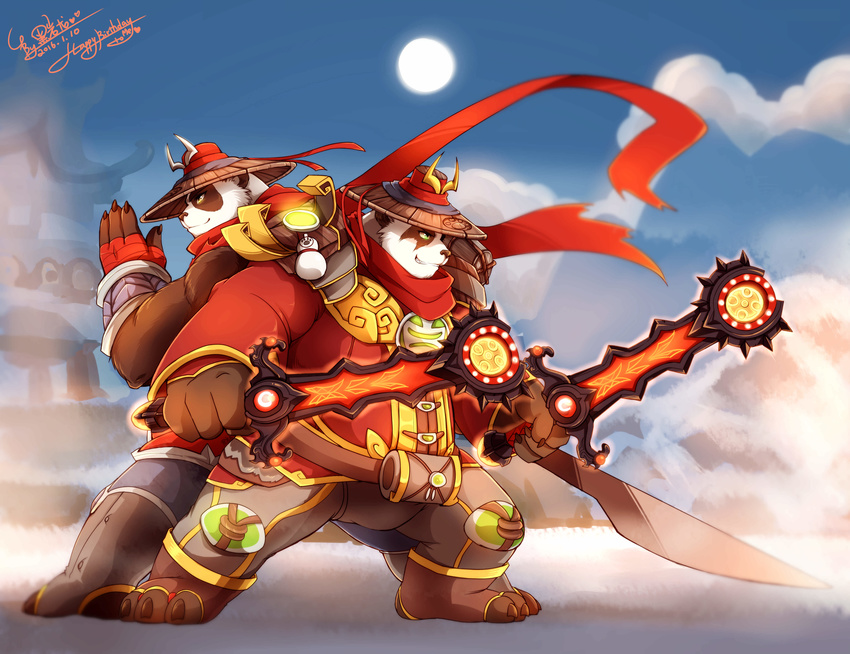 absurd_res anthro bear blizzard_entertainment clothing hi_res male mammal masamiwa melee_weapon panda pandaren scarf sword video_games warcraft weapon