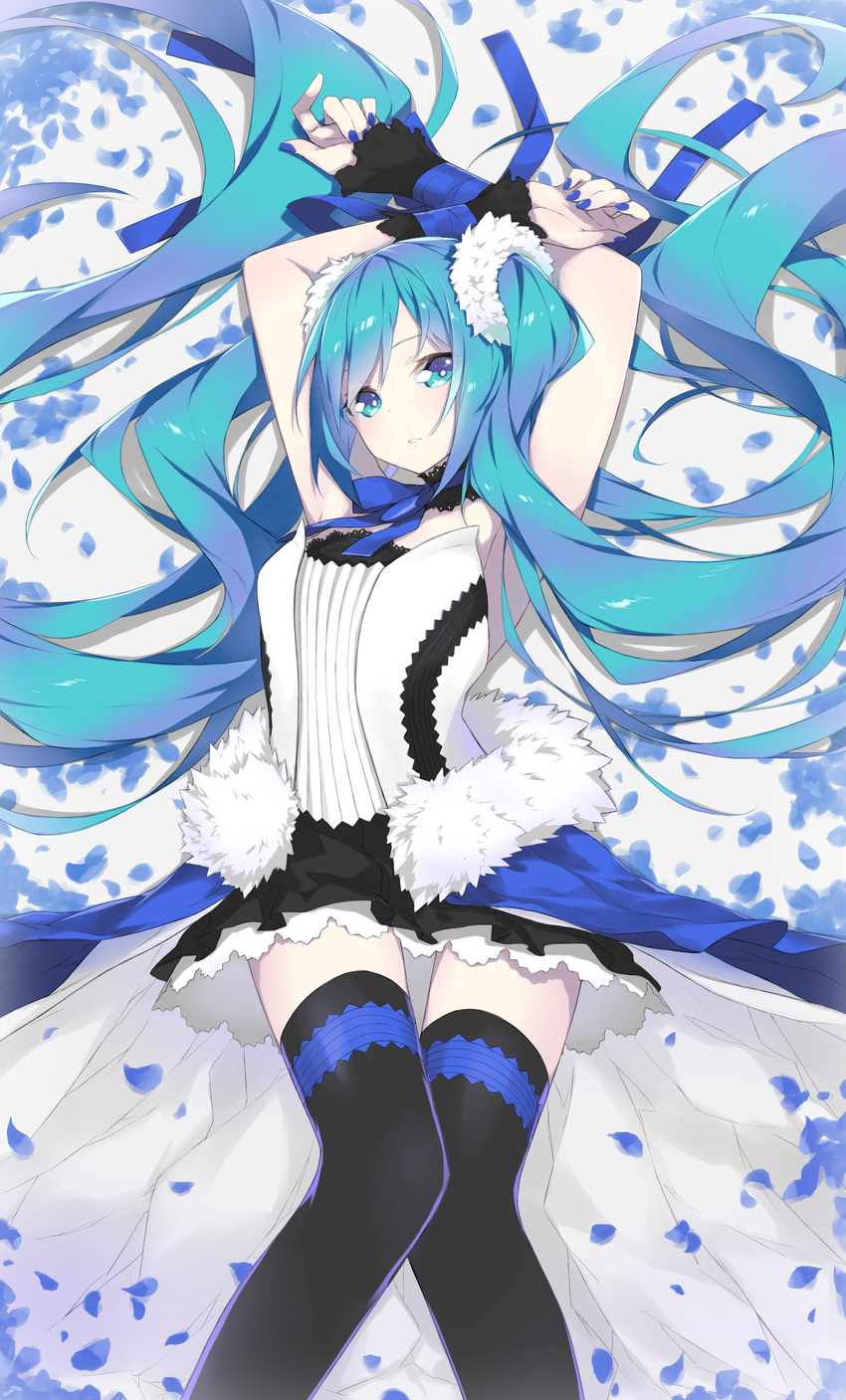 7th_dragon_(series) 7th_dragon_2020 absurdres aqua_eyes aqua_hair arms_behind_head arms_up bangs black_legwear black_skirt blue_dress blue_nails blue_ribbon collar dress fhang frilled_collar frills from_above hair_ornament hatsune_miku highres lace lace-trimmed_skirt layered_dress layered_skirt long_hair looking_at_viewer lying nail_polish neck_ribbon on_back parted_lips petals ribbon skirt solo thighhighs twintails very_long_hair vocaloid white_dress white_skirt wrist_cuffs