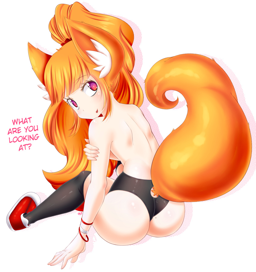 2016 ? animal_humanoid big_butt blush bracelet butt canine clothing english_text footwear fox fox_humanoid girly hair hi_res human humanoid jewelry legwear long_hair looking_back male mammal orange_hair panties pink_eyes shoes simple_background sitting smile solo stockings text tongue tongue_out underwear white_background ya-ya-tan young