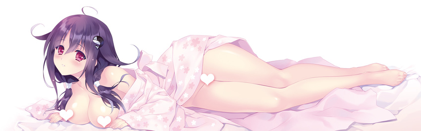 ahoge areolae bad_anatomy barefoot blush breasts carnelian censored collarbone dakimakura floral_print groin hair_between_eyes hair_flaps hair_ornament hair_tie heart heart_censor japanese_clothes kantai_collection kimono large_breasts looking_at_viewer low_twintails lying no_panties novelty_censor on_side open_clothes open_kimono purple_hair red_eyes remodel_(kantai_collection) ryuuhou_(kantai_collection) sample simple_background solo taigei_(kantai_collection) twintails whale_hair_ornament white_background