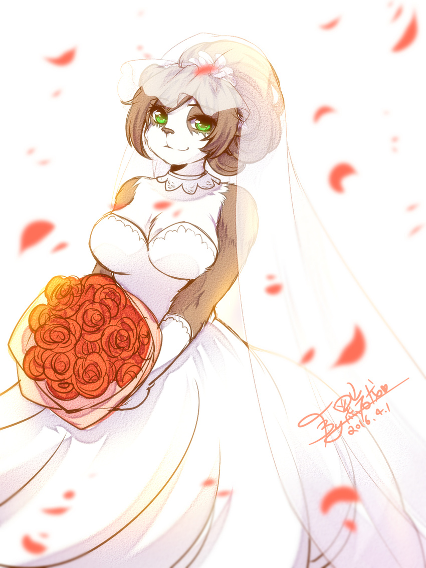 anthro bare_shoulders bear blizzard_entertainment bouquet breasts cleavage clothed clothing dress female green_eyes hi_res mammal masamiwa panda pandaren smile video_games warcraft wedding_dress wedding_gown wedding_veil