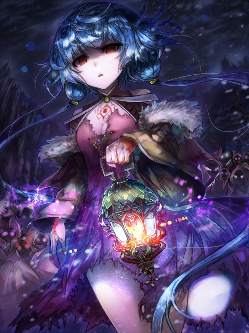 blank_eyes blood bloody_hands blue_hair breasts brown_eyes chest_tattoo cleavage david_lee dress fire glowing glowing_eyes highres holding_lantern lantern lens_flare long_hair low_twintails medium_breasts night original outdoors parted_lips pink_dress pink_eyes red_eyes shaded_face snow solo_focus standing tattoo torn_clothes torn_dress twintails very_long_hair white_eyes wind